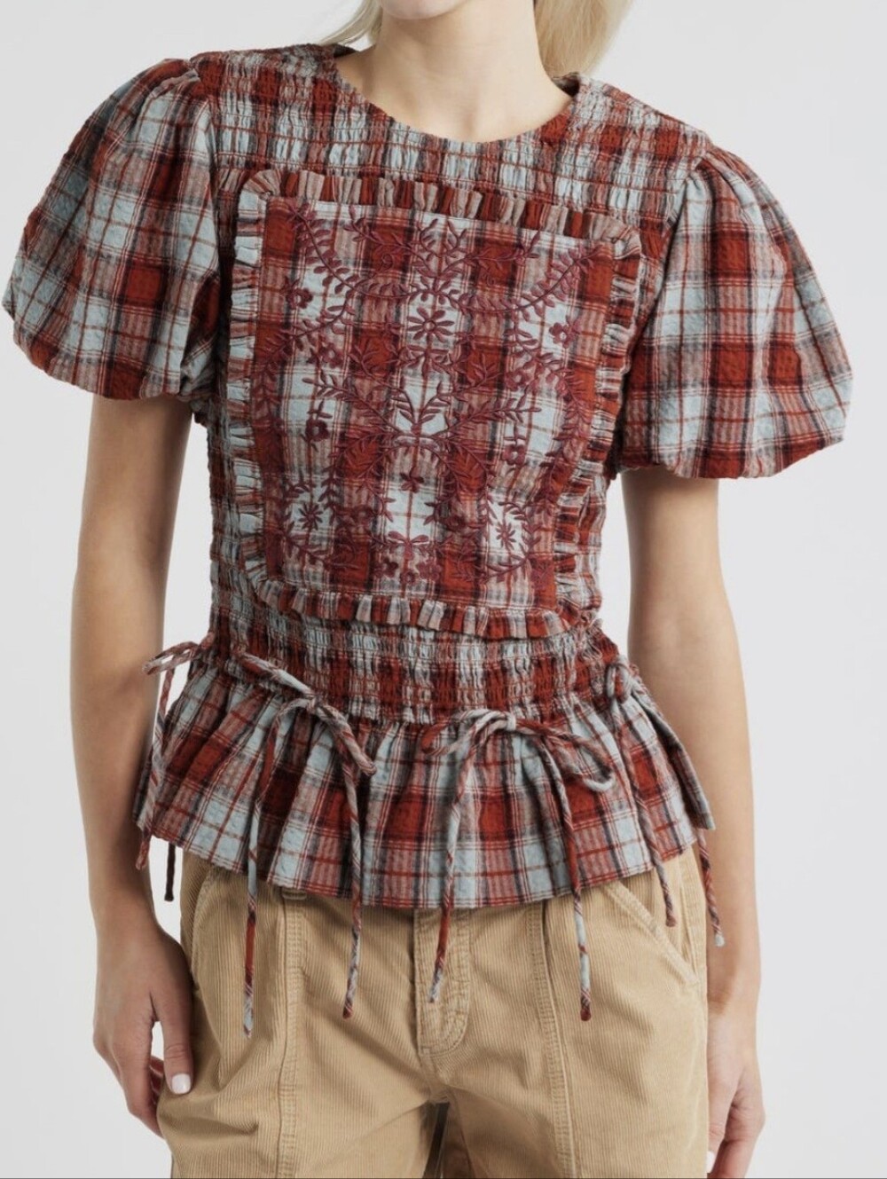 Damson Madder Smocked Puff Sleeve 100% Organic Cotton Top